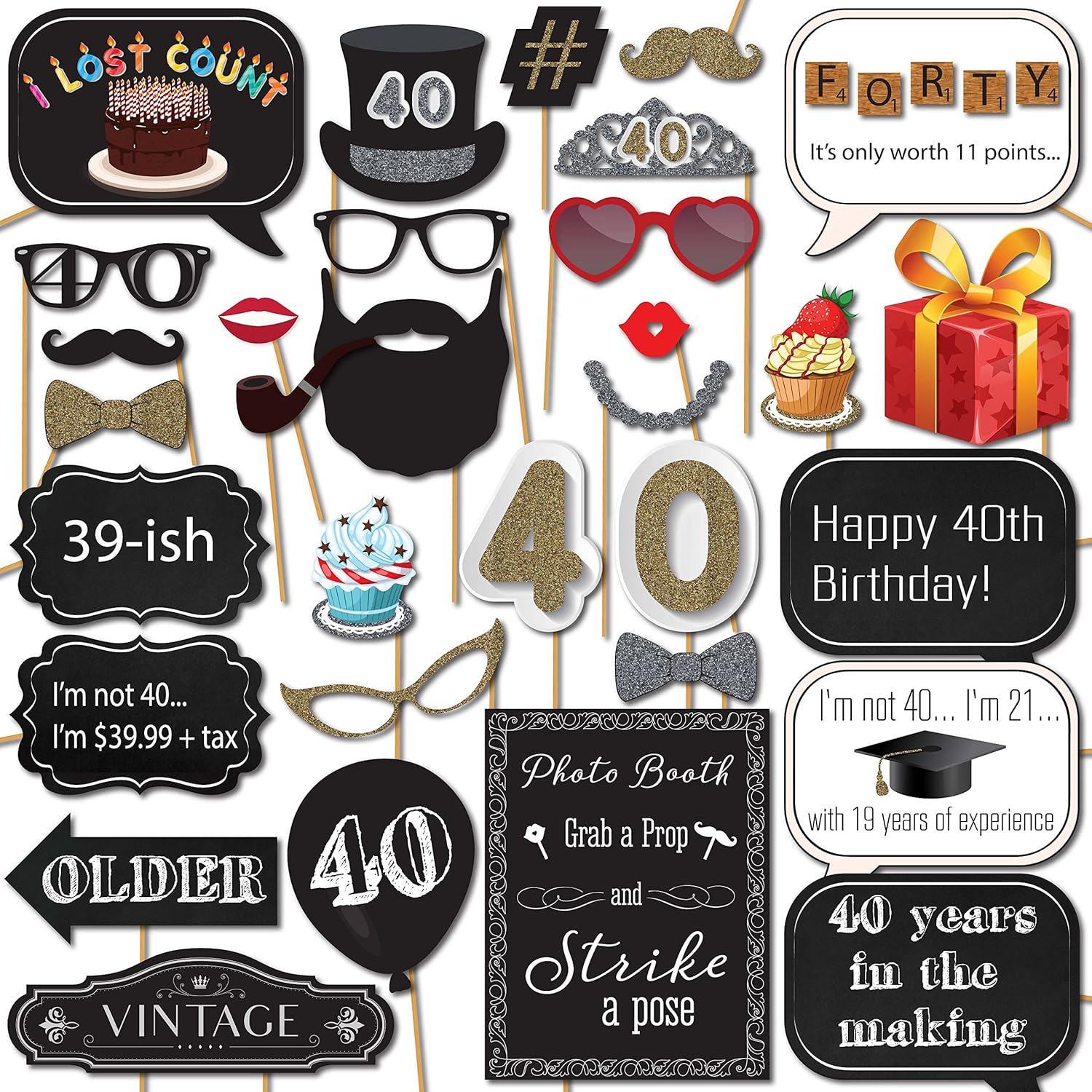 40th Birthday Photo Booth Props with Strike a Pose Sign by Sunrise Party Supplies: Kitchen & Dining