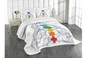 Ambesonne Colorful Bedspread Set, Girl in Lotus Colorful Stones Yoga Relax Theme Oriental, 3 Piece Decorative Bedding Coverlet and 2 Pillow Shams, Queen Size, Multicolor