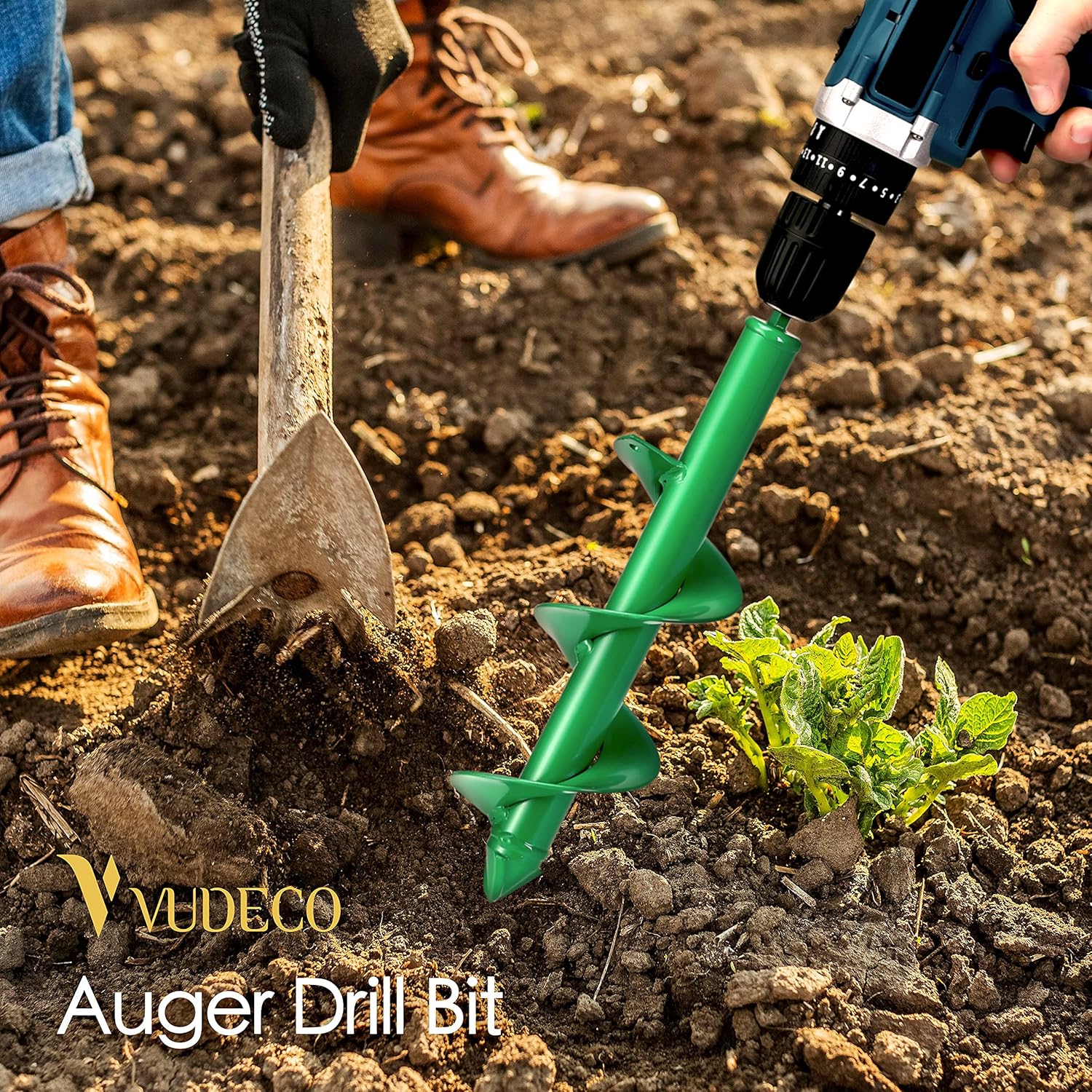 VUDECO Auger Drill Bit 2 PCS Set with Garden Genie Gloves for Planting Hole Drill Planter Auger Spiral Hole Drill Bit Bulb Bedding Digging Post Hole Planting Tool 11.8"x3.15" and 8.7"x1.57": Industrial & Scientific