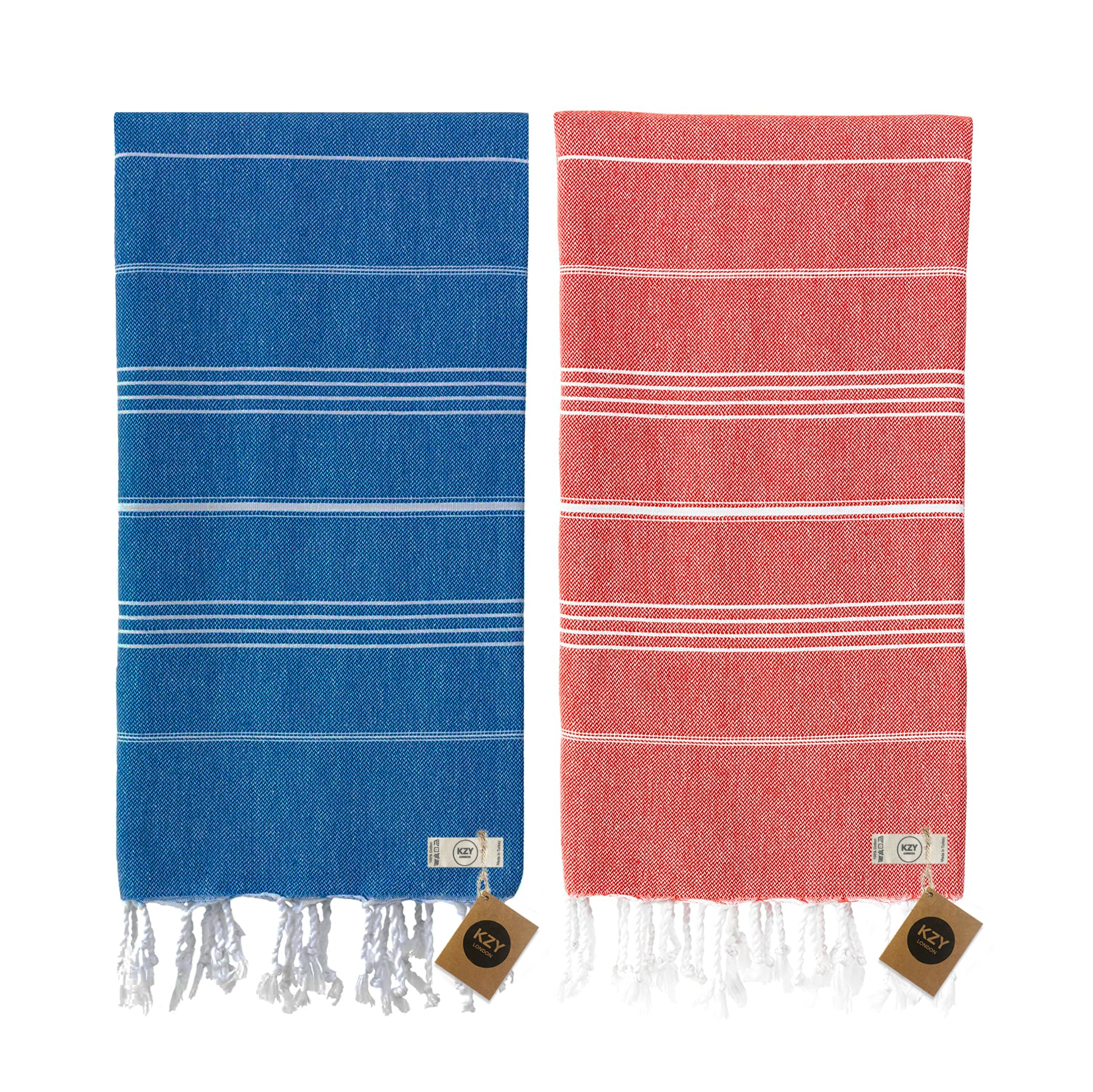 KZY LONDON Beach Towel 2 Pack Large Turkish Beach Towels for Camping, Swimming, Gym - Quick Dry, Absorbent, Lightweight,%100 Cotton 90x180cm Hammam Towels for Adults (2 Set- Blue & Red)