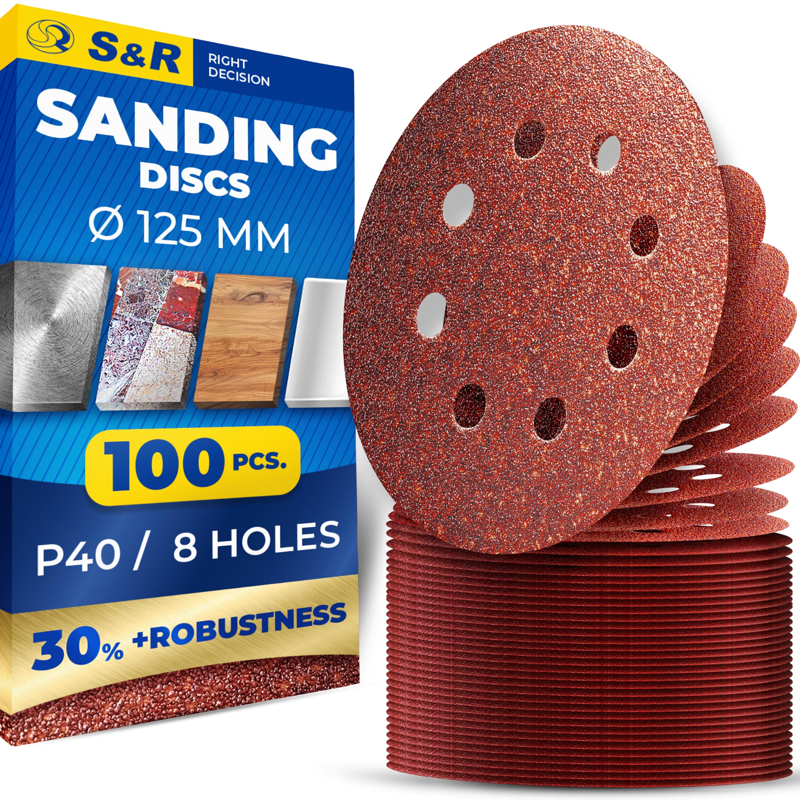 S&R Hook-and-Loop Sanding Paper Set, 125 mm, Meister, 8 holes, 100 sheets, grit P40, sanding sheets, sanding discs for random-orbit sanders, hook-and-loop sanding paper — image 1