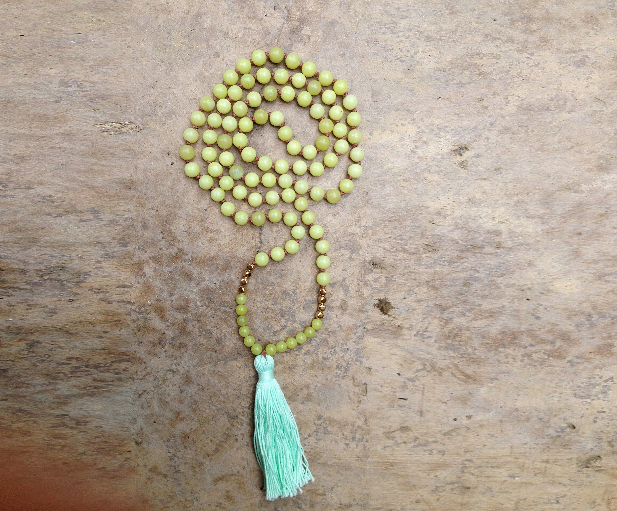 GRATITUDE, 108 mala beads - new jade with 22K gold beads and mint tassel FEELS AMAZING to hold and to wear, prayer beads, yoga necklace, tassel necklace