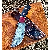 Custom Handmade Damascus Hunting Knife,10"Fixed Blade Tracker Knife with Horizontal Carry Sheath,Real Damascus Steel Knives with Red Padauk-wenge Wood Handle,EDC Full Tang Knives for men women, Adventure,Survival,Hiking,Camping,Gifts for Men Women