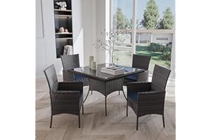 Gotland 5-Piece Indoor/Outdoor Dining Table Set, Garden Patio Rattan Set with w/Tempered Glass Tabletop with Removable Cushions and Umbrella Cutout for Patio, Backyard,4 Chairs - Navy