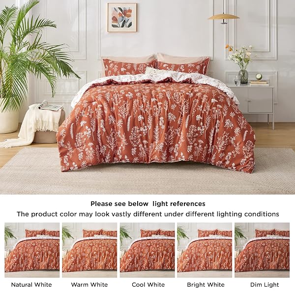 BEDSURE TERRACOTTA QUEEN COMFORTER SET – REVERSIBLE FLORAL BED SET, SOFT SUMMER LIGHTWEIGHT BEDDING FOR BEDROOM, 1 SOFT BOTANICAL FLOWERS COMFORTER AND 2 PILLOW SHAMS