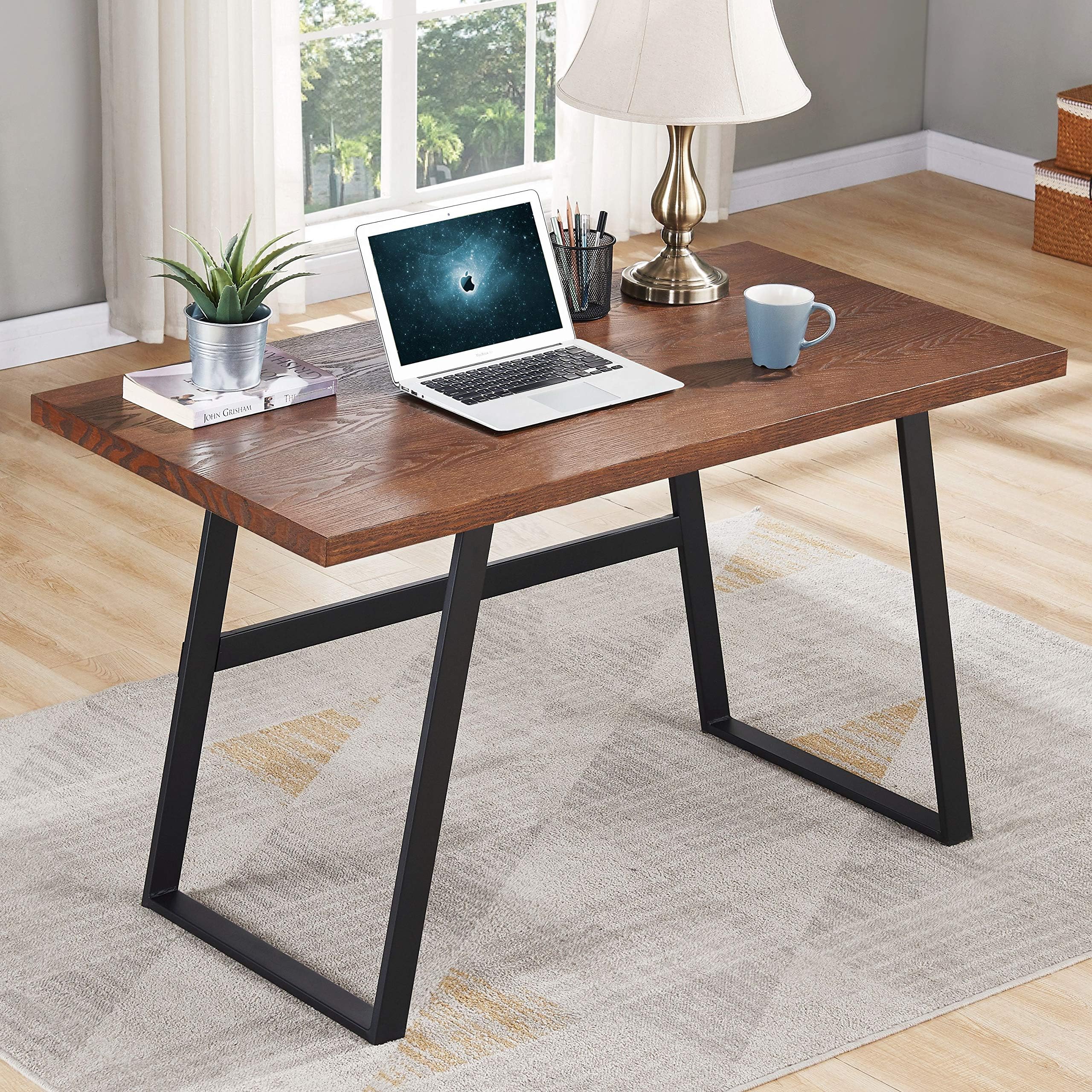 BON AUGURE Small Wooden Writing Desk, Industrial Computer Desk for Small Spaces, Rustic Table Desk for Home Office (47 inch, Espresso)
