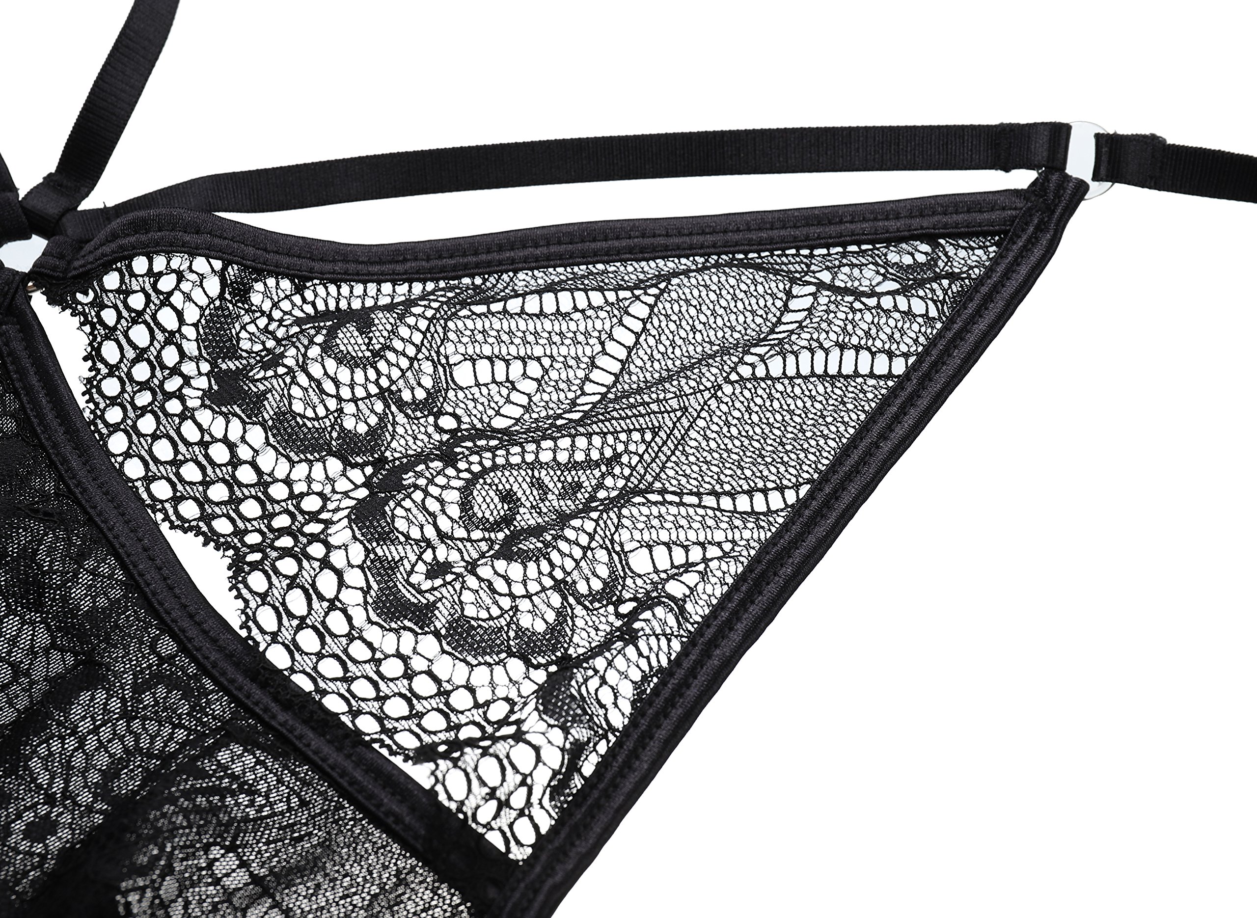 Fishnet Faux Leather Match Set, Fishnet Halter Garter Back tie with Bra, Matching Thong & Stocking (M/L, Black)