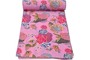Marubhumi Indian Handmade Stitched Pure Cotton Fruit Print Kantha Quilt, Reversible Kantha Quilt (Baby Pink, Queen (90"x 108"))