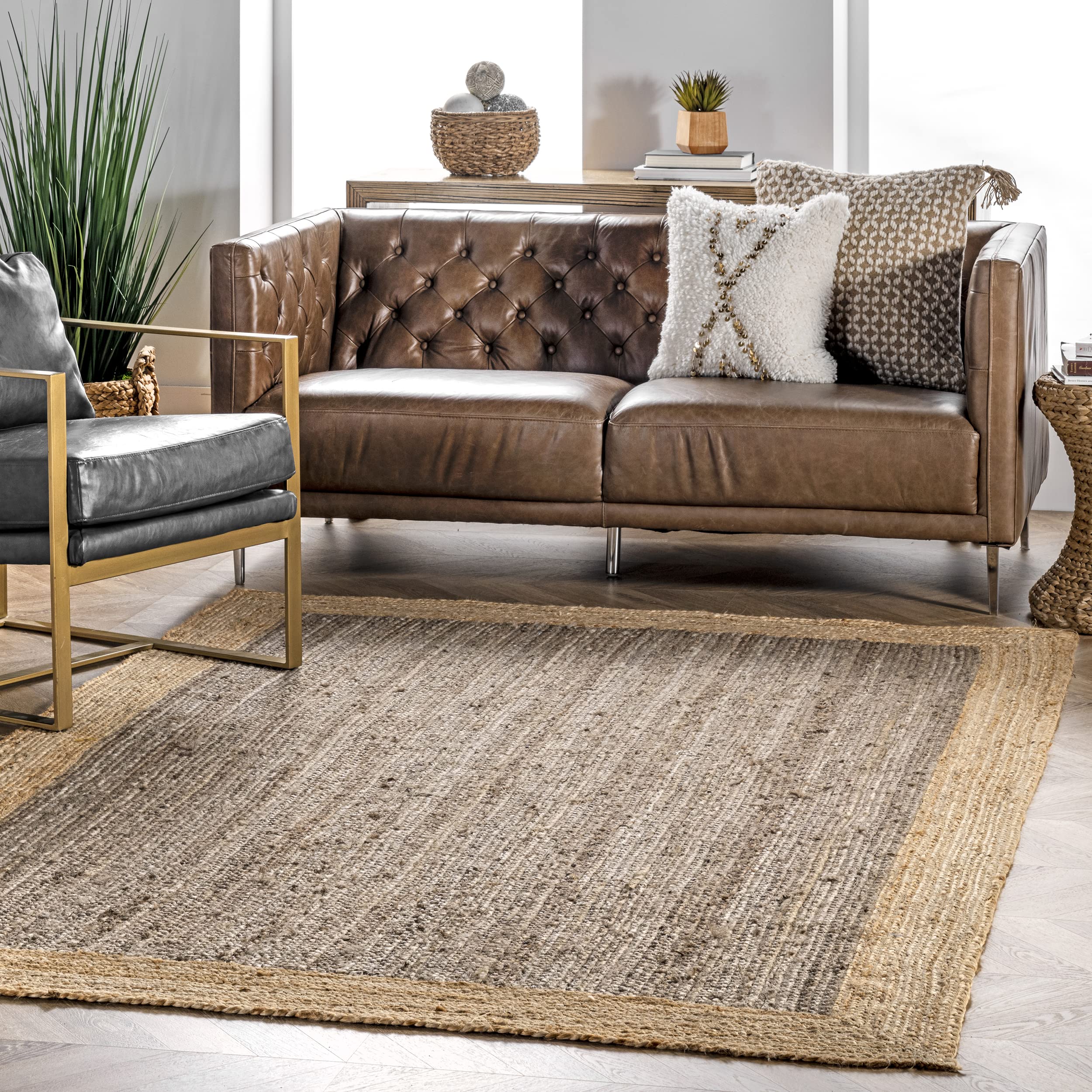 nuLOOM Jute Simple Border Area Rug, Grey (2' x 3' Feet)