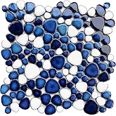 Primoon Pebble Ceramic Tiles 5 Sheets, Heart-Shaped 12x12 Floor Tile Ceramic, Dark Blue Mosaic Tiles Mesh Mounted, Waterproof Porcelain Tile Decorative for Kitchen Bath Backsplash Shower Floor Pool