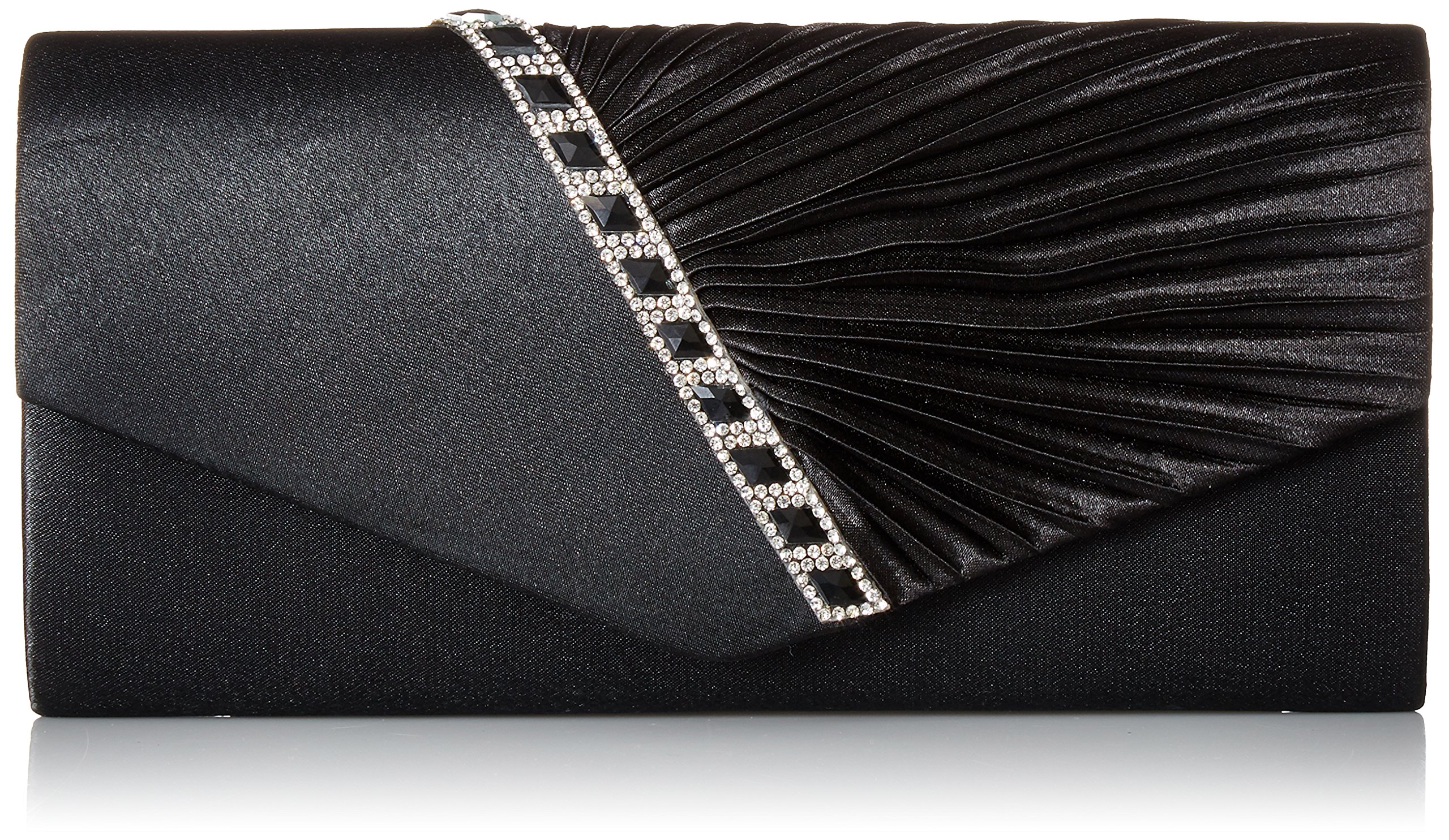 Damara Womens Pleated Crystal-Studded Satin Handbag Evening Clutch,Black