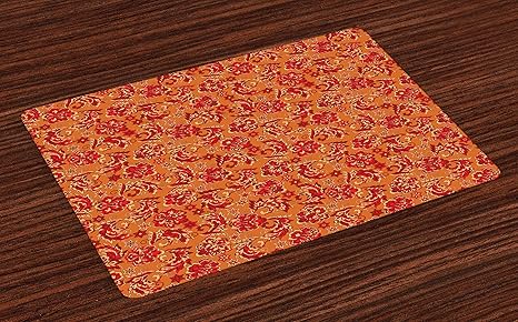 Amazon Lunarableバティックの配置マットセットの4 Nostalgic西ヨーロッパ中世 ルネッサンスinspired東部ボヘミアンパターン 洗濯可能ファブリックプレースマットダイニングルームキッチンテーブル装飾 レッドオレンジ エプロン キッチンファブリック オンライン通販