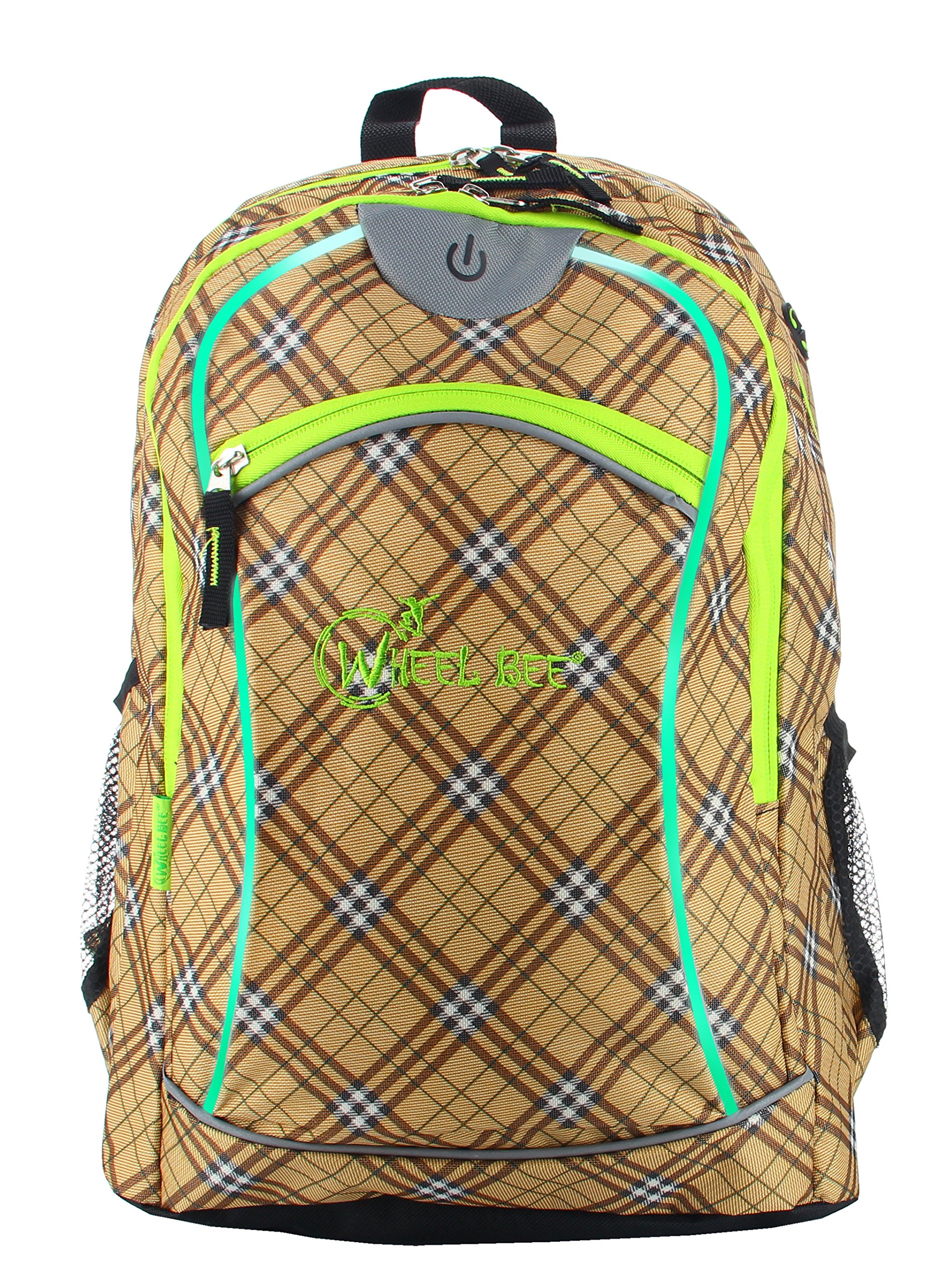Wheel-Bee backpack, design: Brown with integrated LED light (green) and reflective strips, school backpack, daypack, backpack, visibility in the dark, 30 liters, 950002