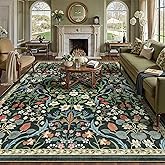 WondRg 8x10 Washable Dark Green Floral Area Rug for Living Room Non-Slip Soft Large Rug for Playroom Vintage Low Pile Stain Resistant Carpet for Bedroom Kitchen Office Dining Kids Room Indoor
