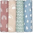 Comfy Cubs Muslin Swaddle Blankets Pack of 4, 47 x 47 Inches, Soft Cotton Baby Blanket Set, Large Multipurpose Swaddling Wraps for Newborns - Self-Soothing Swaddle - Sun, Rainbow, Rain, Doodle
