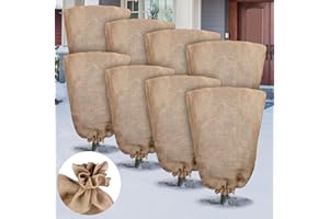 Hahood 8 Packs Winter Burlap Plant Covers Bags 23.6 x 39.4 Inch Large Burlap Sack Plant Blanket with Drawstring Reusable Warm Plant Frost Cloth Cold Freeze Blanket for Outdoor Fruit Tree Potted Plants