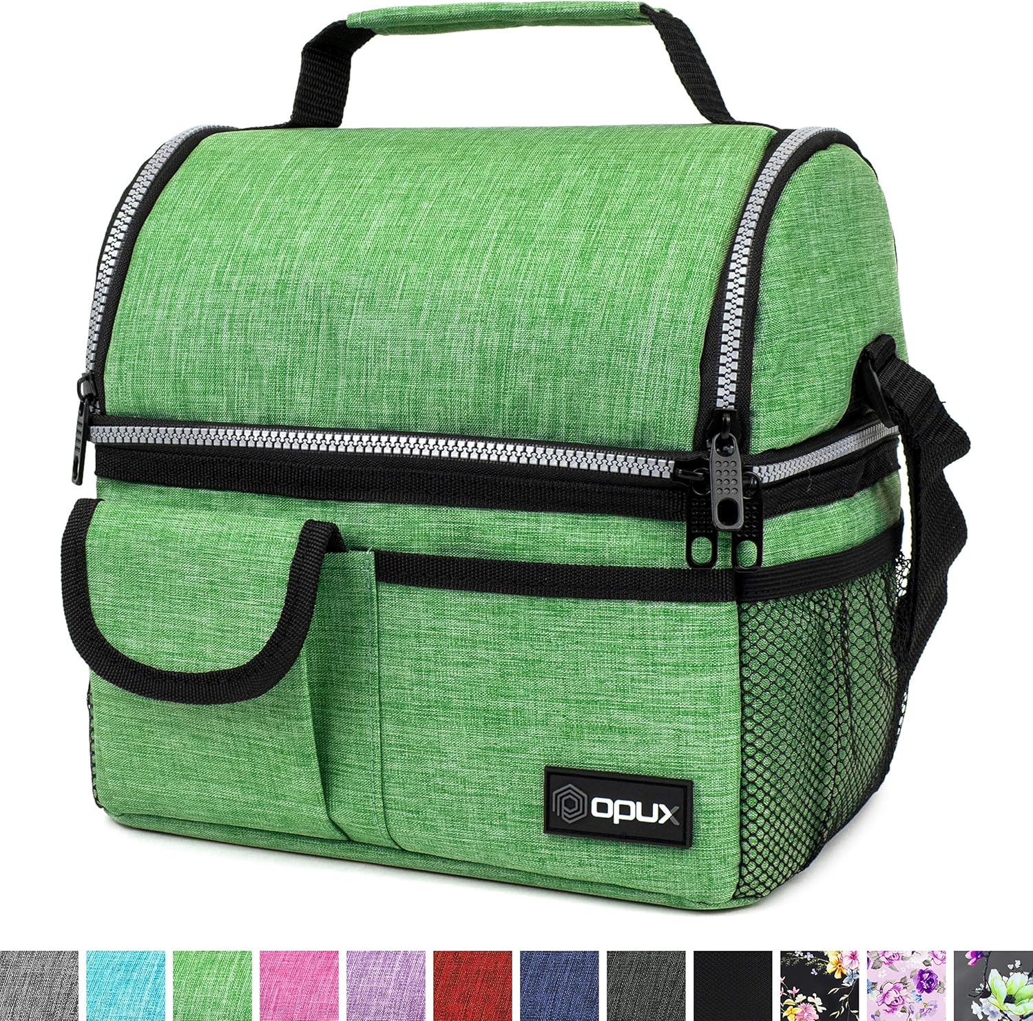 OPUX Insulated Dual Compartment Lunch Bag for Men, Women | Double Deck Reusable Lunch Pail Cooler Bag with Shoulder Strap, Soft Leakproof Liner | Large Lunch Box Tote for Work, School (Green)