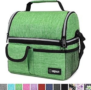 OPUX Insulated Dual Compartment Lunch Bag for Men, Women | Double Deck Reusable Lunch Pail Cooler Bag with Shoulder Strap, Soft Leakproof Liner | Large Lunch Box Tote for Work, School (Green)