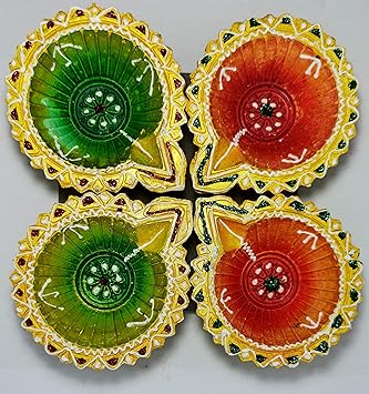 Swaraj- Traditional Handmade Diwali Clay Diya Decorative Multicolour- Waterproof (Pack of 4X2) - Orange and Green 8 Diyas