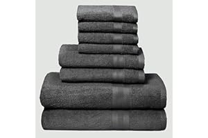 BOUTIQUO 8 Piece Towel Set 100% Ring Spun Cotton, 2 Bath Towels 27x54, 2 Hand Towels 16x28 and 4 Washcloths 13x13 - Ultra Soft Highly Absorbent Machine Washable Hotel Spa Quality - Charcoal Grey