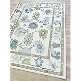 Fame Living Green Oushak Rug, Modern, Vintage, Turkish, Eclectic, Floral, Pastel, Washable, Area Rugs for Living Room, Dining, Bedroom, Office, Entryway, Foyer, Playroom, Nursery, 5'x6'9"