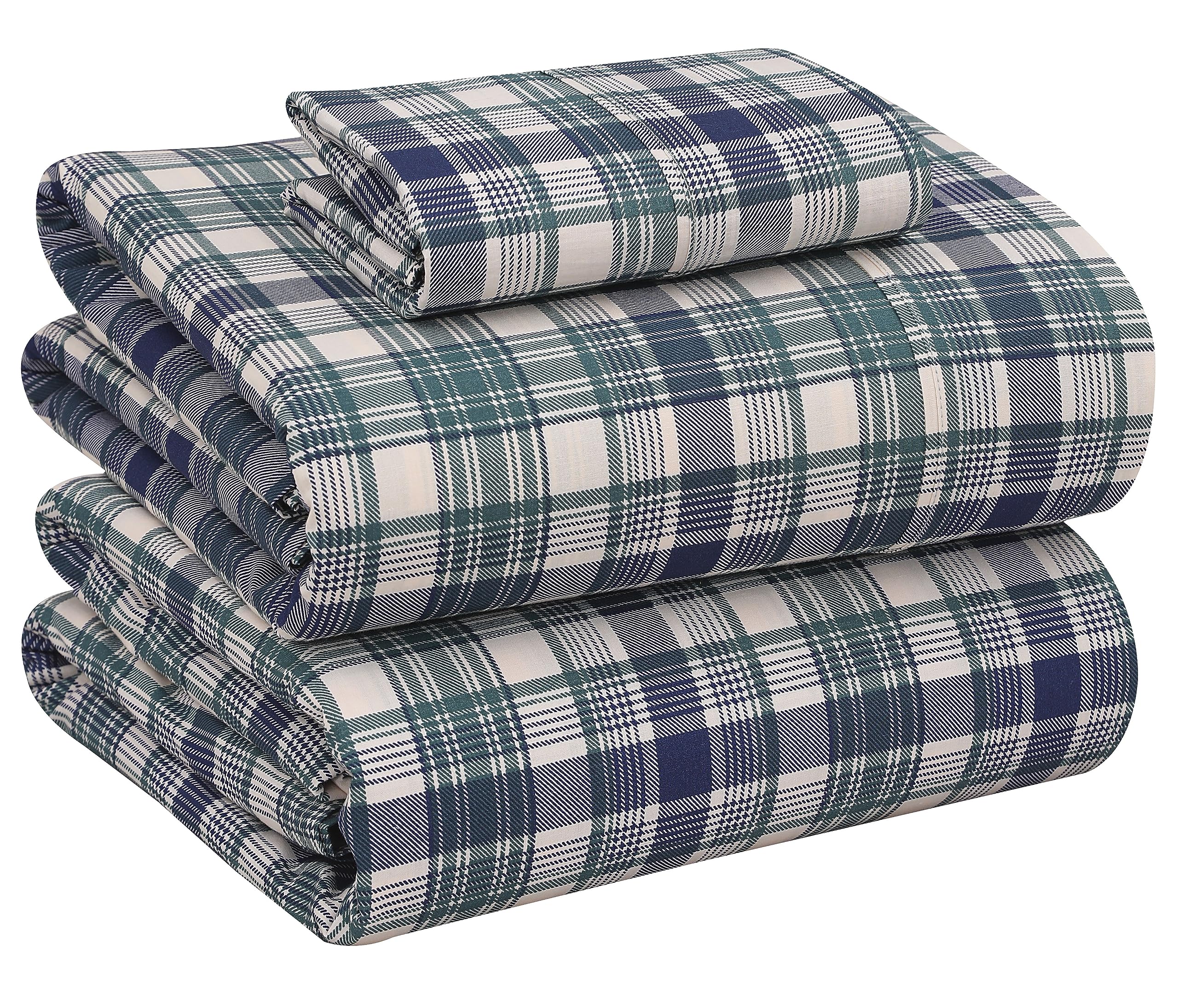 RUVANTI 100% Cotton Percale Sheets California King, Greenish Blue Plaid