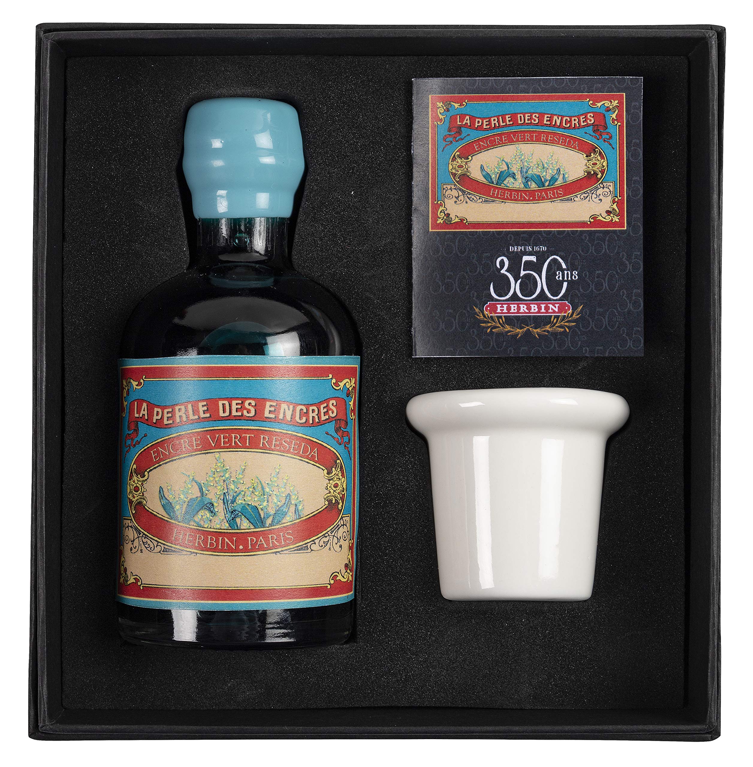 Jacques Herbin 27938T - A special 350th anniversary inkwell set including a porcelain inkwell, instructions and a 100 ml bottle of reseda green colour ink.
