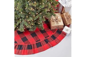 SARO LIFESTYLE Buffalo Plaid Ruffle Design Cotton Christmas Tree Skirt, 53", Red