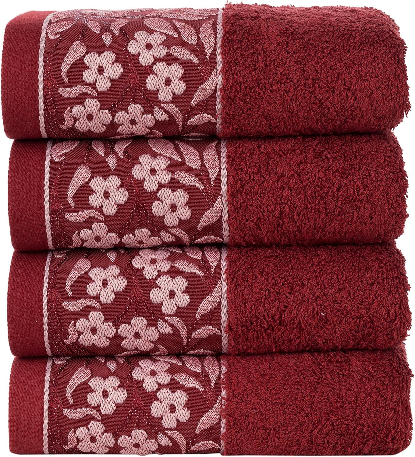[4-Pack] HYGGE Large Luxury Turkish Cotton Towel Set Soft Plush Kitchen Bathroom Hotel & Spa Decor Hand Towels with Decorative Floral Pattern 19" x 32" (Flamingo Pink): Kitchen & Dining