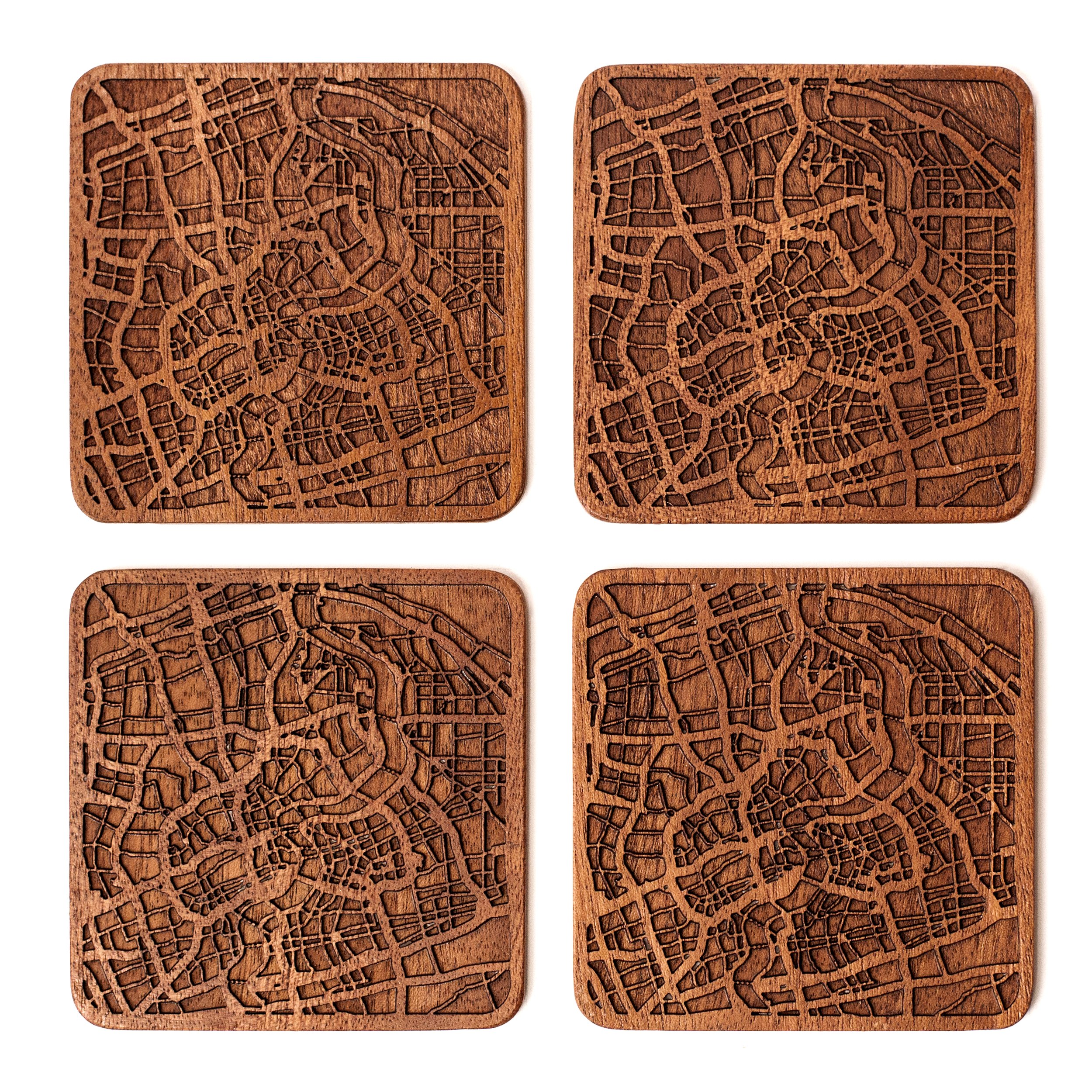 Shanghai Map Coaster, Set Of 4, Sapele Wooden Coaster With City Map, Handmade