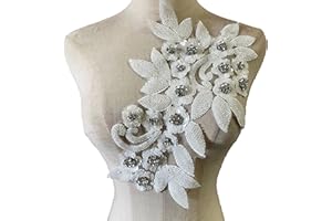 Heyiwell 1PC 3D Sew on Applique Embroidery Beaded Rhinestone Patch for DIY Clothing Wedding Dress Decoration 8.26"x13.75"Inch,White