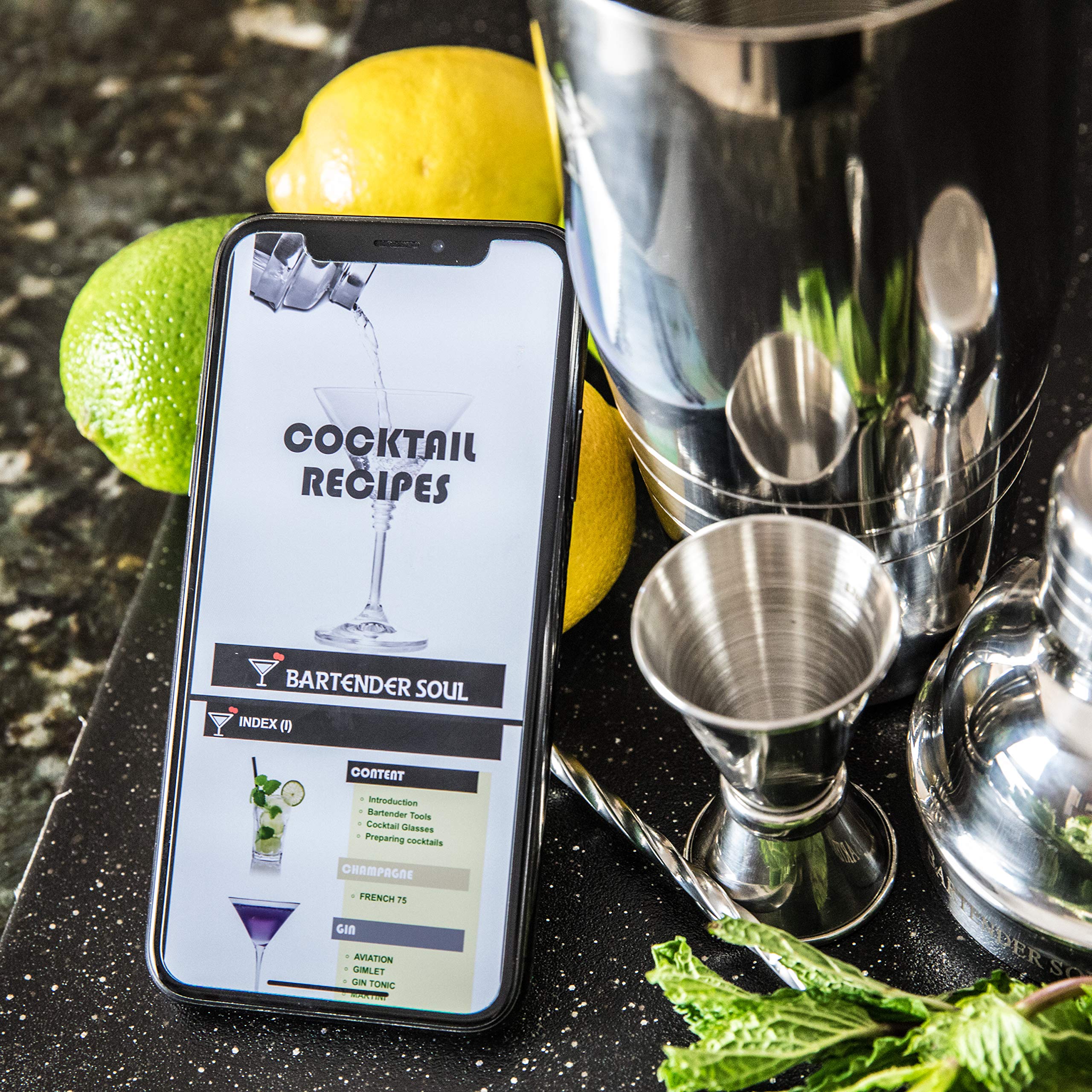 Shaker Cocktail Professionnel de Bartender Soul (750ml) avec Passoire Intégrée - Résistante Acier Inoxydable d\'Épaisseur 0.8mm et Qualité 18/8 304 Réel - Verre Jigger Double et Recettes Inclus