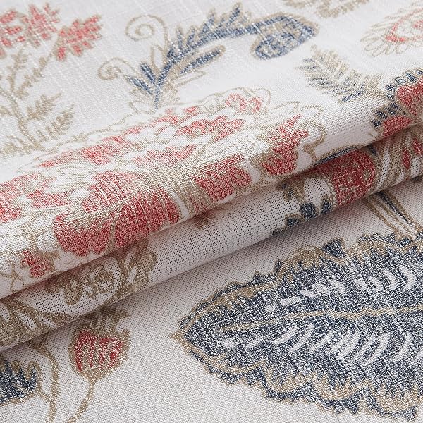 KAYNE STUDIO NAVY RED CURTAIN PANELS LINEN TEXTURED BOTANICAL LEAF PRINT FLORAL FARMHOUSE LINEN CURTAIN DRAPES LIGHT FILTERING WINDOW TREATMENTS LIVING ROOM BEDROOM ROD POCKET BACK TAB,52″X102″X2