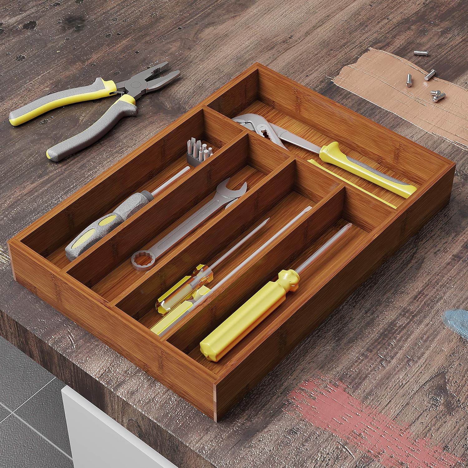 BAMEOS Drawer Organizer Bamboo Silverware Holder, Cutlery Tray Flatware and Utensil Organizer for Knife Spoon Tool Kitchen Garage -