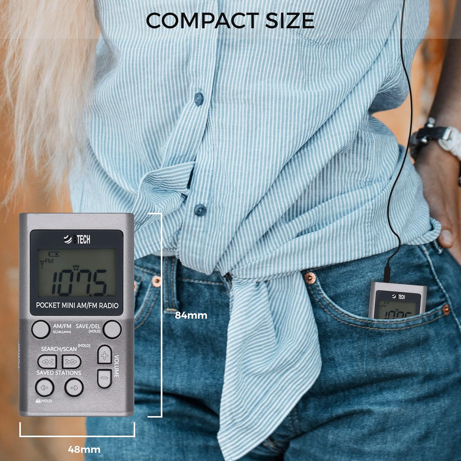 BTECH MPR-AF1 AM FM Personal Radio with Two Types of Stereo Headphones, Clock, Great Reception and Long Battery Life, Mini Pocket Walkman Radio with Headphones (Silver): Electronics