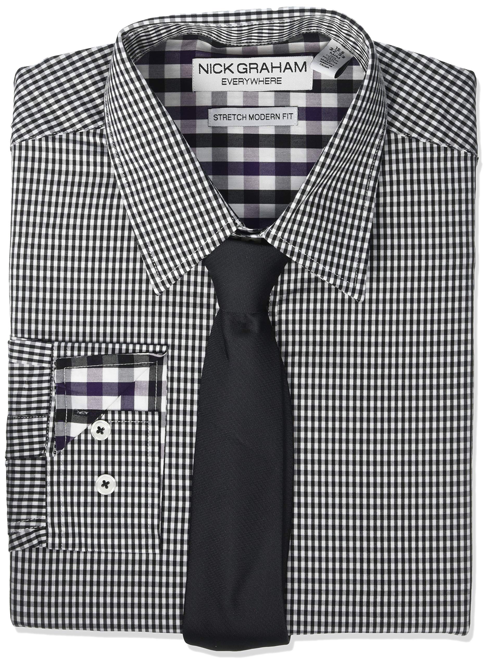 Nick Graham Men’s Stretch Modern Fit Gingham Dress Shirt and Solid Tie Set, Black, 18-18.5″ Neck / 36-37″ Sleeve