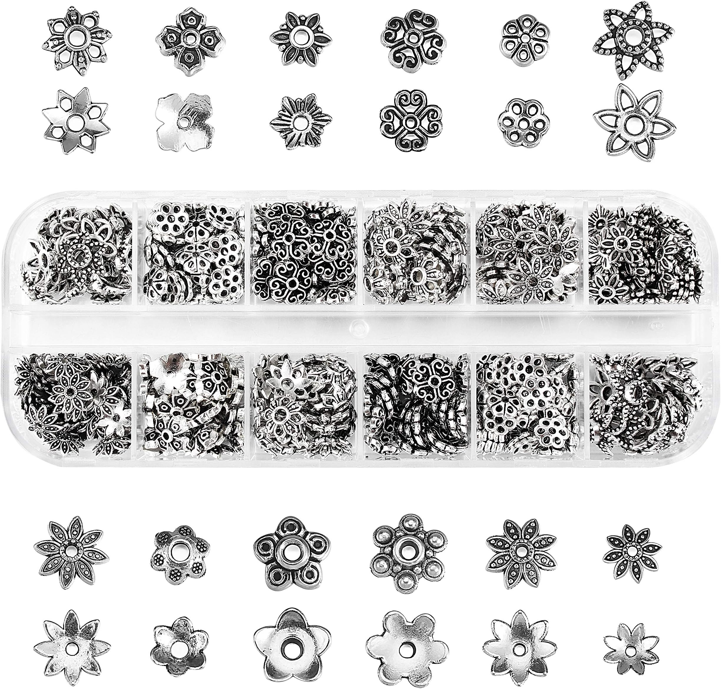 355pcs 12 Styles Tibetan Silver Bead Caps Metal Spacers Beads Jewelry Findings Accessories for DIY Bracelet Necklace Jewelry Making