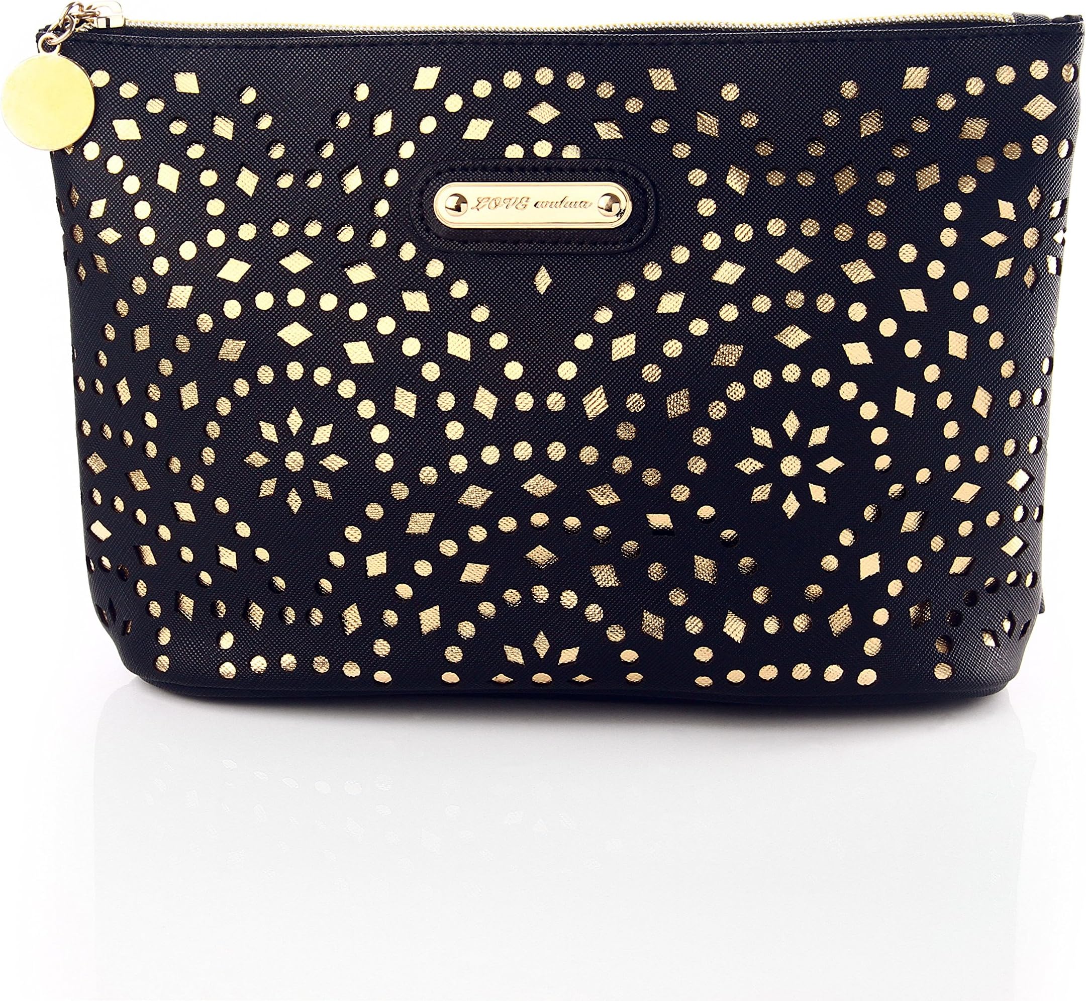 Makeup Bag, Wuhua Gold Pattern Cosmetic Bag with Zipper, Toiletry/Travel Bag for Brushes Jewelry Accessories Collection, Single Layer Storage Bag for Women