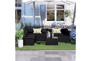 ELEGIBLISS 7 Pieces Patio Furniture Set - Outdoor Sectional Wicker Rattan Furniture with Cushion and Glass Table Patio Conversation Sets for Porch Poolside Backyard Outdoor Sofa Set Modular Sofa