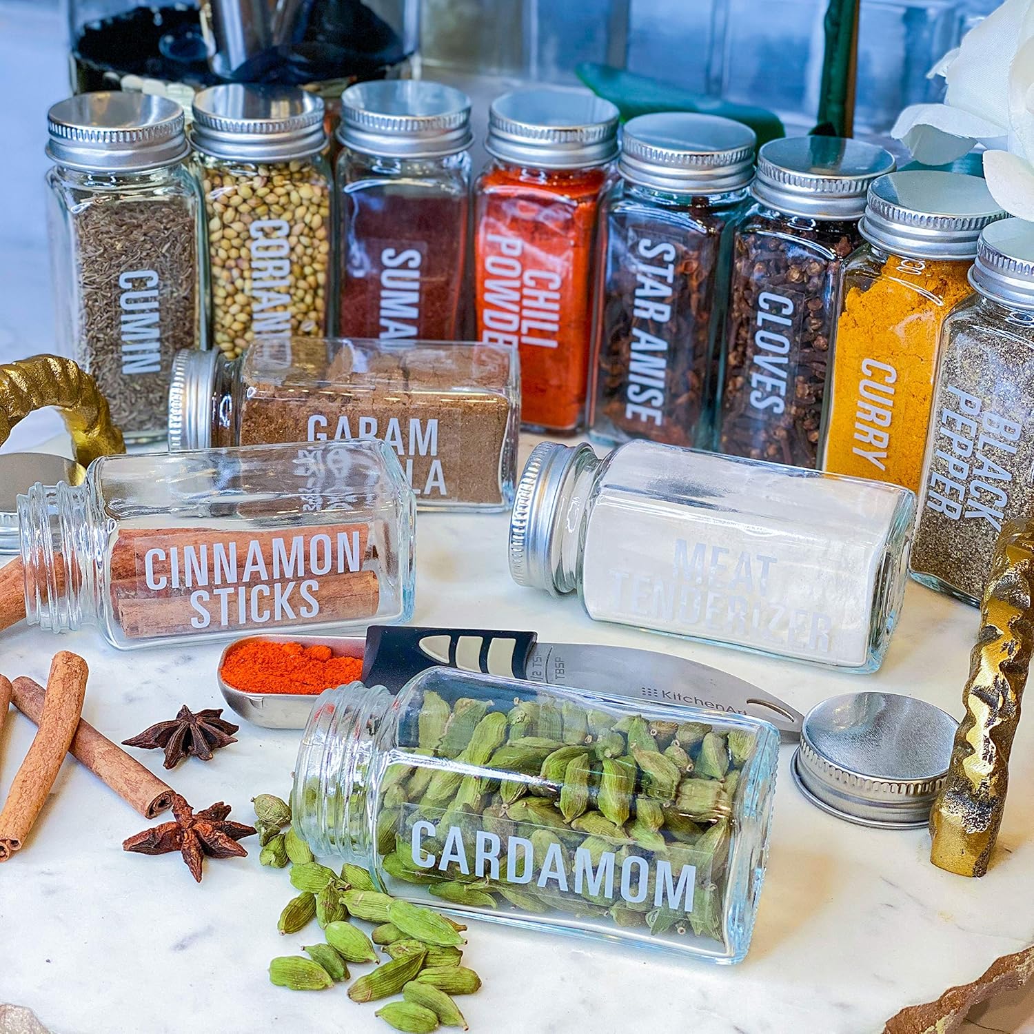 Talented Kitchen 134 White All Caps Spice Label Set: 134 Spice Names + Numbers. White Letters on Clear Sticker. Water Resistant for Spice Jars Organization Storage (Set of 134– All Caps White Spices): Kitchen & Dining