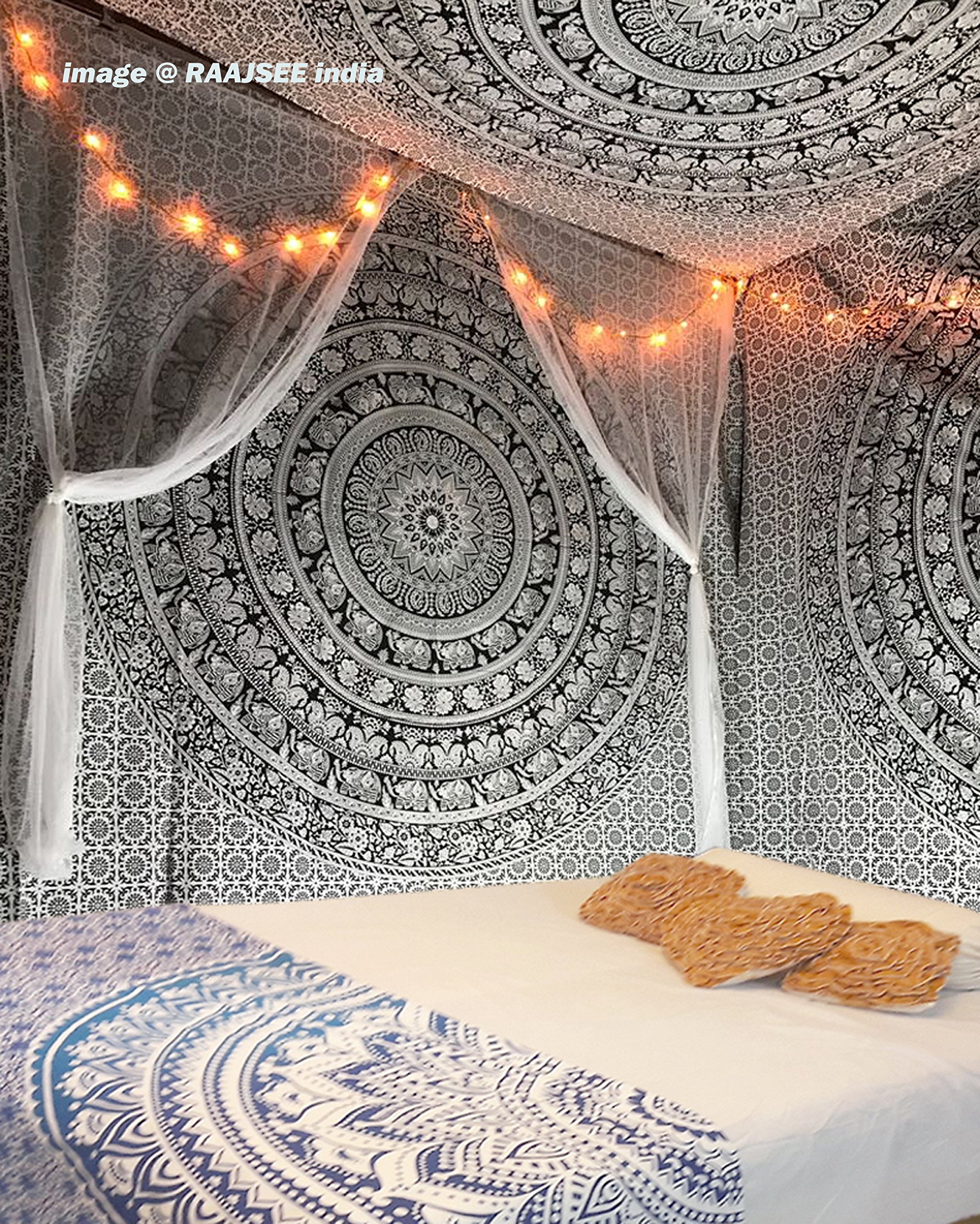 raajsee Black & White Walking Elephant Mandala Tapestry Wall Hanging, Indian Cotton Beach Throw Blanket, Hippie Elephant Queen Boho Decor 210x220cm