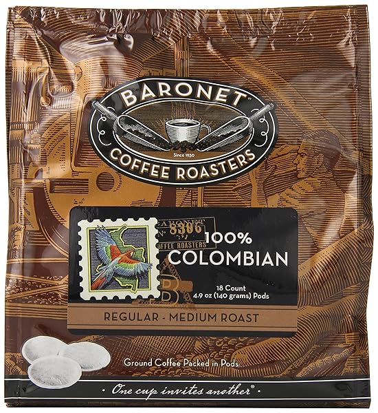 BARONET COFFEE 100% COLOMBIAN MEDIUM ROAST (140 G), 18-COUNT COFFEE PODS (PACK OF 3)