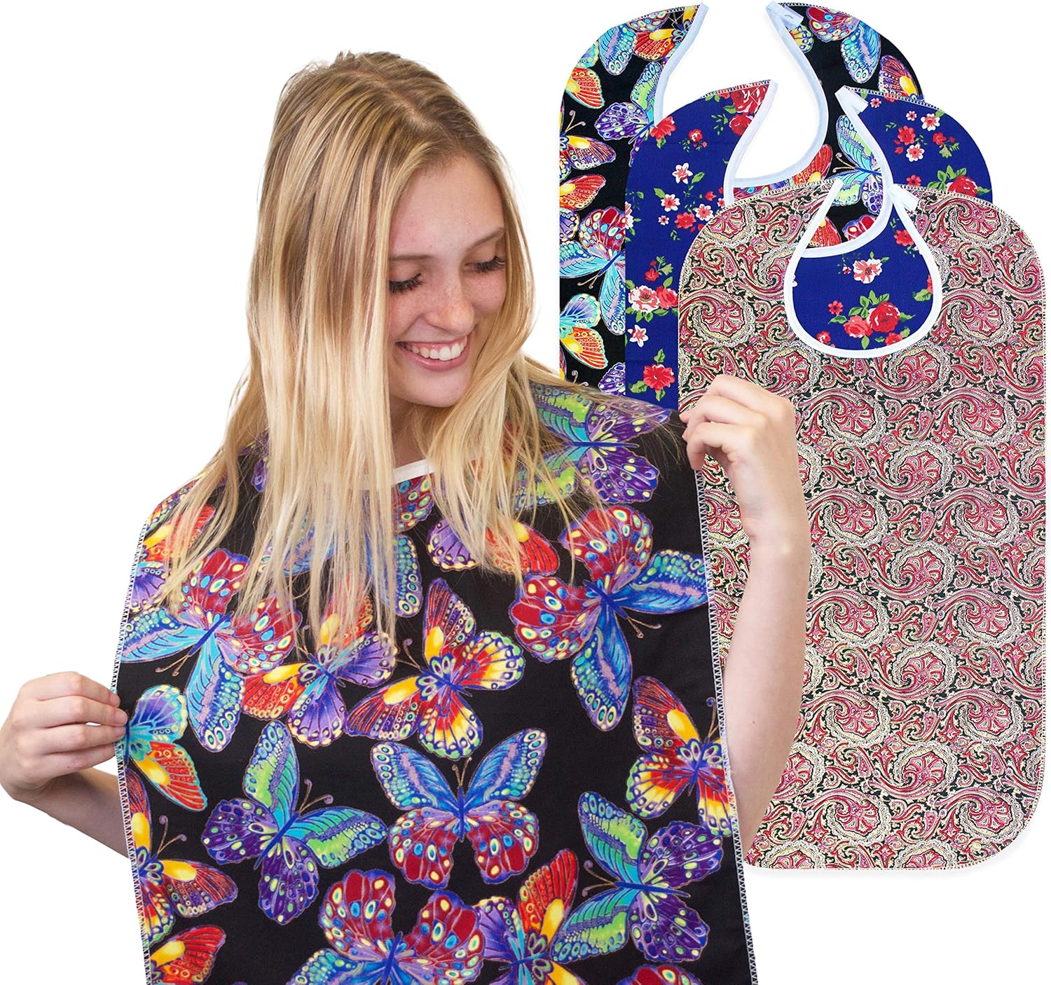 RMS 3 Pack Adult Bib Washable Reusable Waterproof Clothing Protector with Optional Crumb Catcher and Vinyl Backing 34"X18" (Butterfly/Blue Rose/Heritage): Health & Personal Care