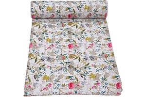 Marubhumi Indian Handmade Vintage Kantha Paradise Quilt, Reversible Kantha Quilt (White, Queen (90"x 108"))