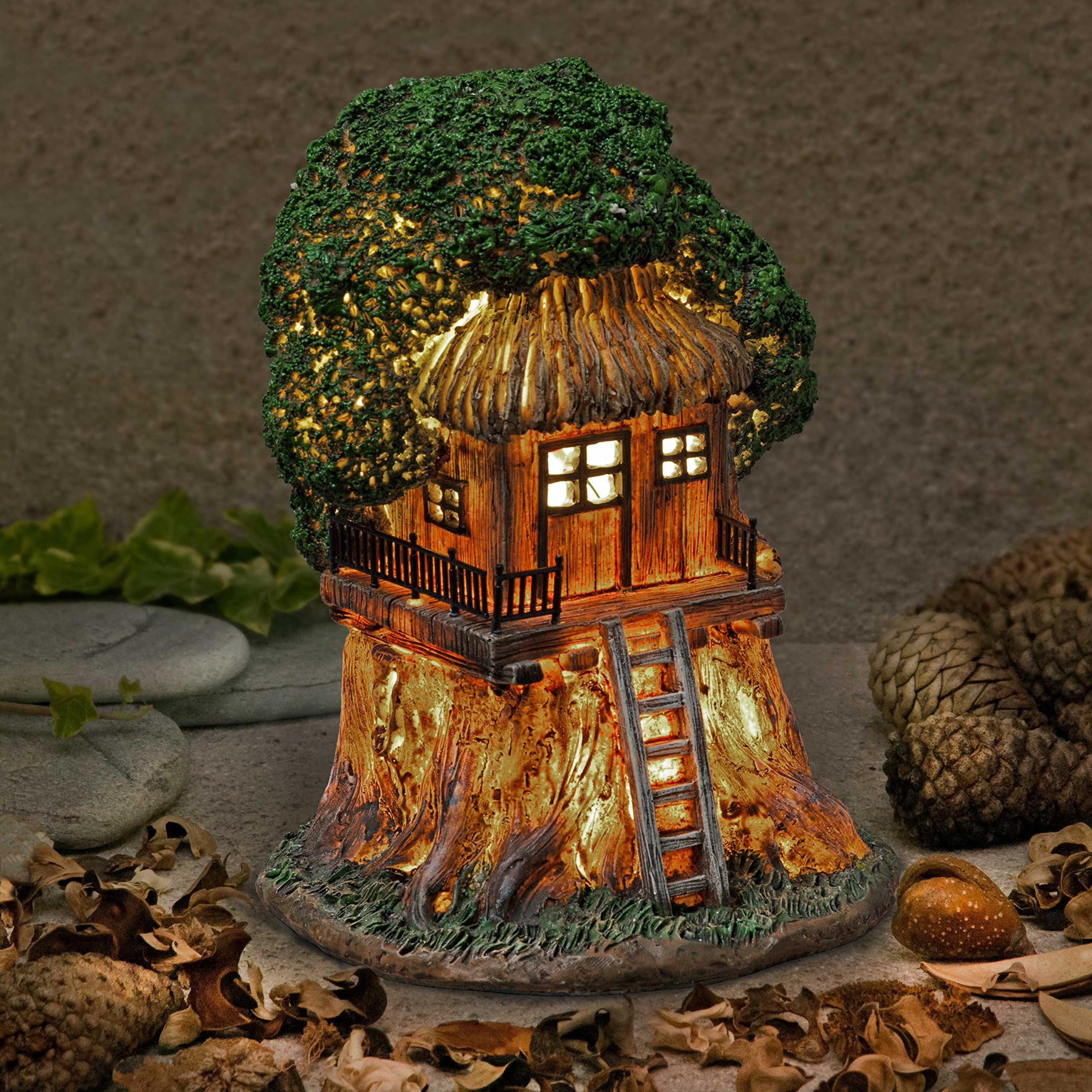 Garden Glows Fairy Dwelling - THE HOME OF NORTH PEPPERGLOW - Fairy Treehouse - for indoor outdoor use - with 3 solar powered LEDs