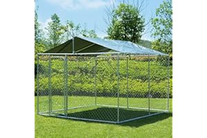 JOHUNT Large Outdoor Dog Kennel, Heavy Duty Mental Dog Cage Dog Fence with Waterproof & UV-Resistant Cover, Galvanized Chain Link Dog Kennel Pet House for Backyard, Farm, Garden (9.8' x 9.8' x 7.3')