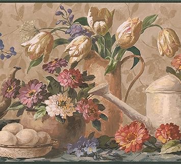 Flowers In Pots Vases Brown Extra Wide Wallpaper Border Retro Design Roll 15 X 10 25 Amazon Com