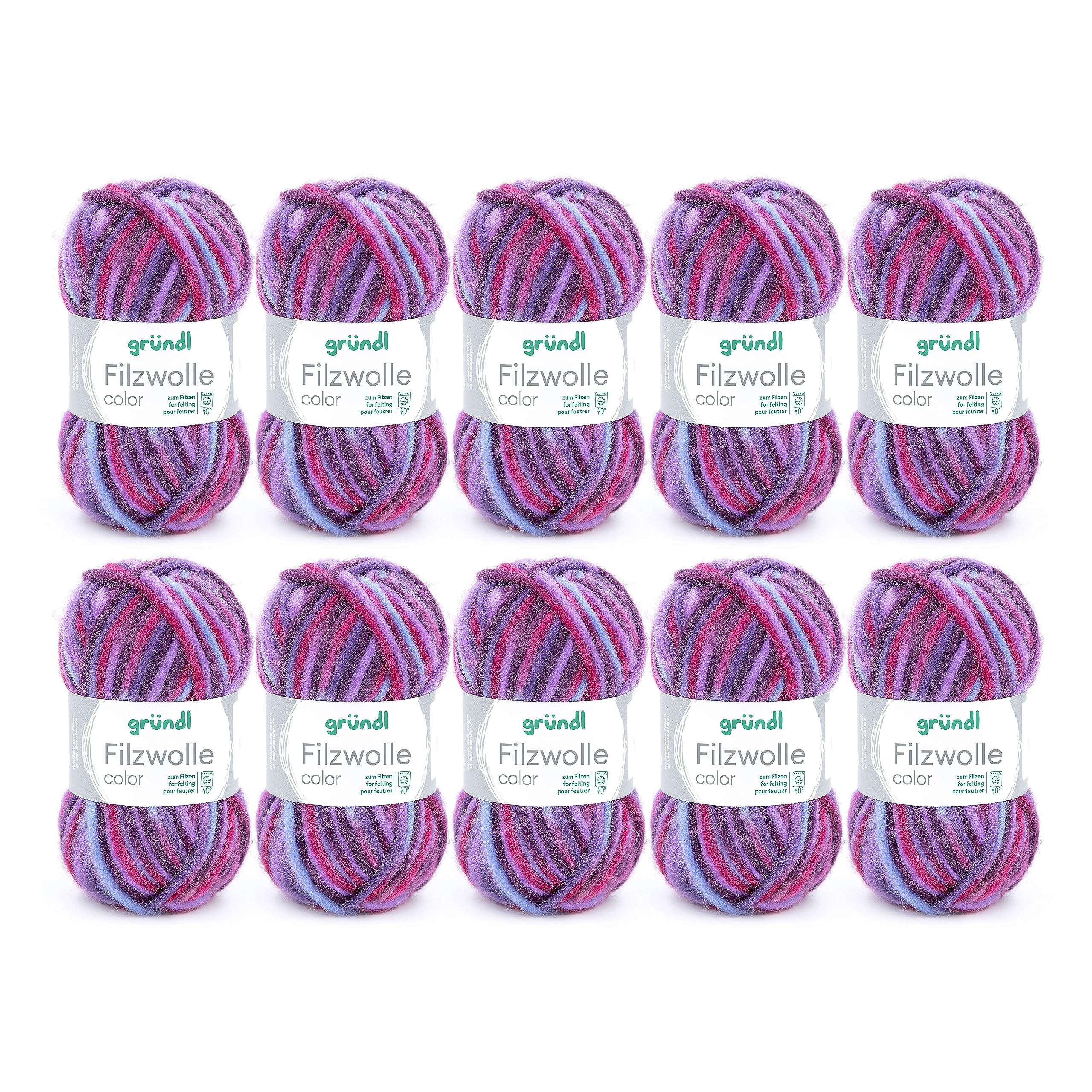 Gründl 2614/42 coloured felt wool value pack: 10 balls 50 g each, wool, fuchsia-flieder-hellblau multicolor, 31 x 32 x 6 cm