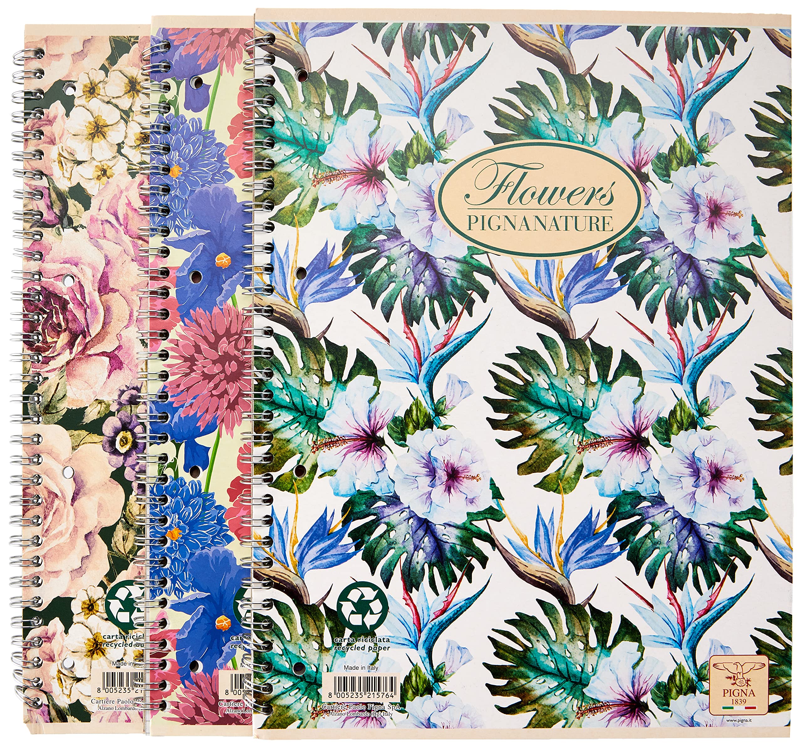 Pigna, Nature Flowers Spiral Notebooks, A4 22 x 29.7 cm, with 4 Holes and Micro-Perforation, 5 M Interior, 5 mm Squares, 80 g, Recycled Paper, Assorted Subjects, 5