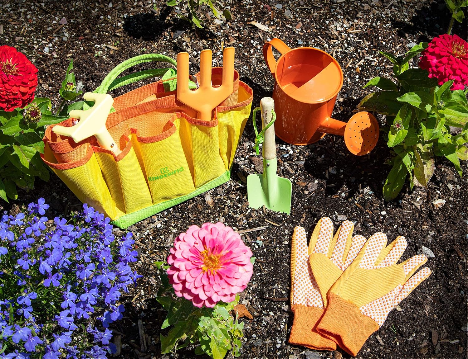 Kinderific Gardening Tool Set, Designed for Kids, STEM, Tote Bag, Spade, Watering Can, Rake, Fork, Trowel, Gloves: Toys & Games